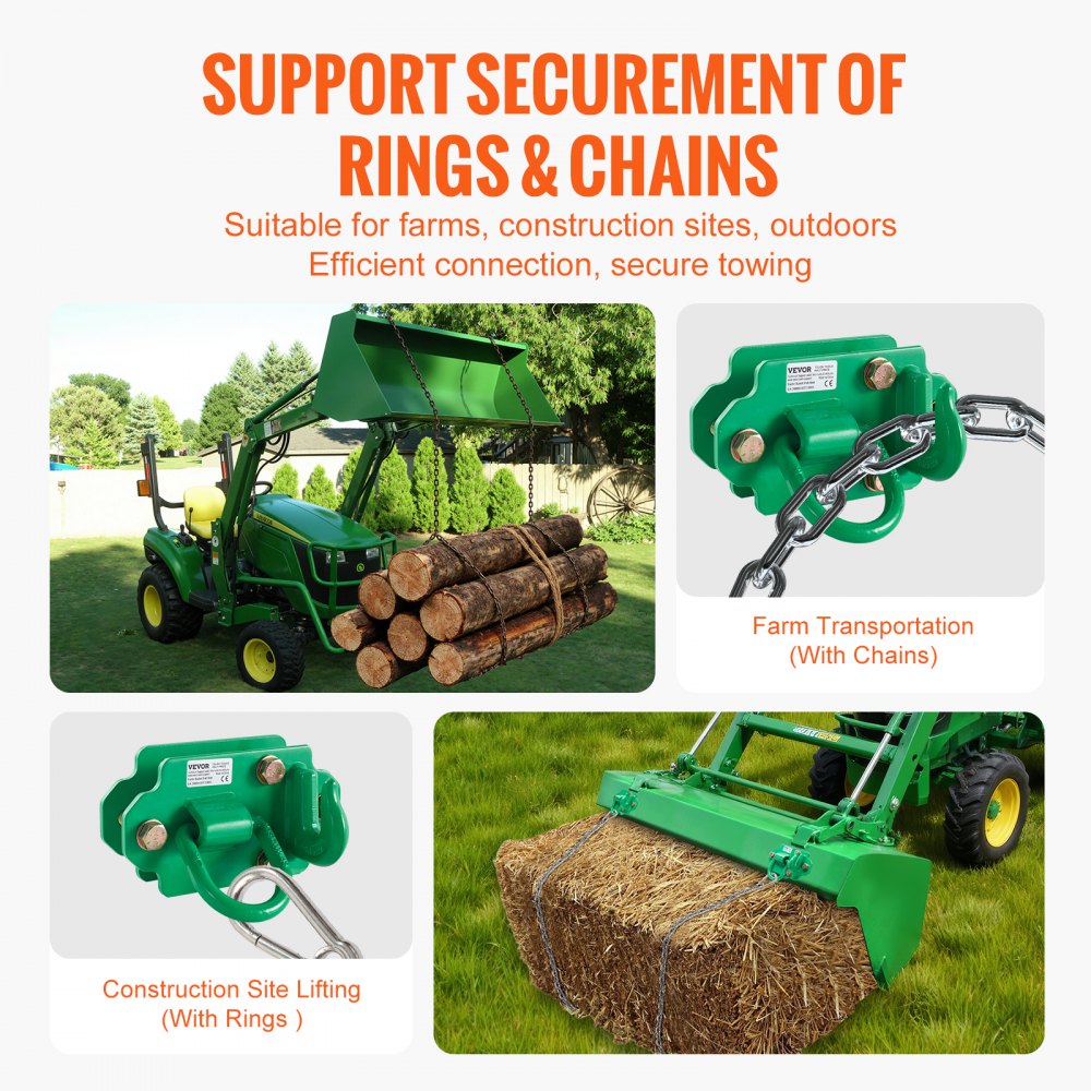 Hak do łyżki ciągnika VEVOR 9,52 mm z pierścieniem mocującym, stal klasy 70, zestaw 2 śrubowych haków chwytakowych z płytami tylnymi, odpowiedni do łyżki ciągnika, kampera, UTV, maks. siła zrywająca 5443,1 kg, kolor zielony