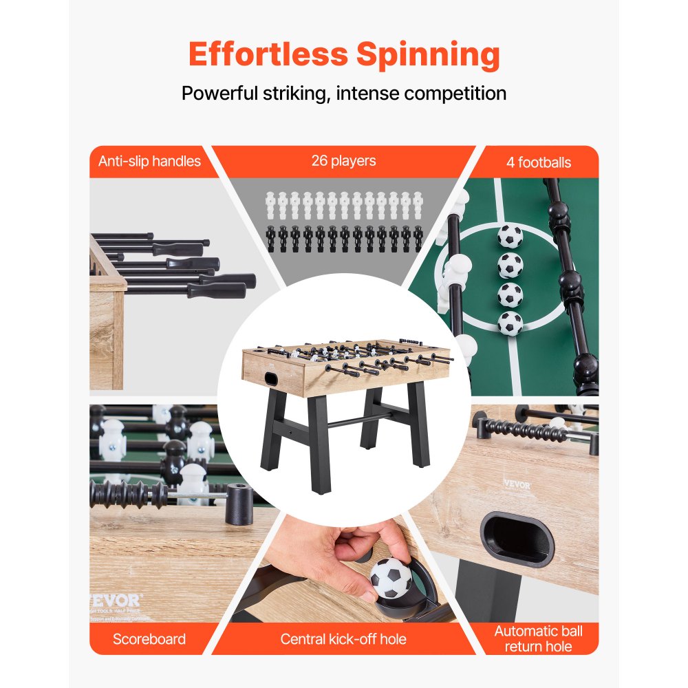 VEVOR Stół do piłkarzyków o standardowym rozmiarze (1400 x 726 x 864 mm), stół do piłkarzyków do użytku wewnątrz domu, rodziny i pokoju gier, wytrzymały zestaw, zawiera 4 piłki, licznik punktów i 2 uchwyty na kubki