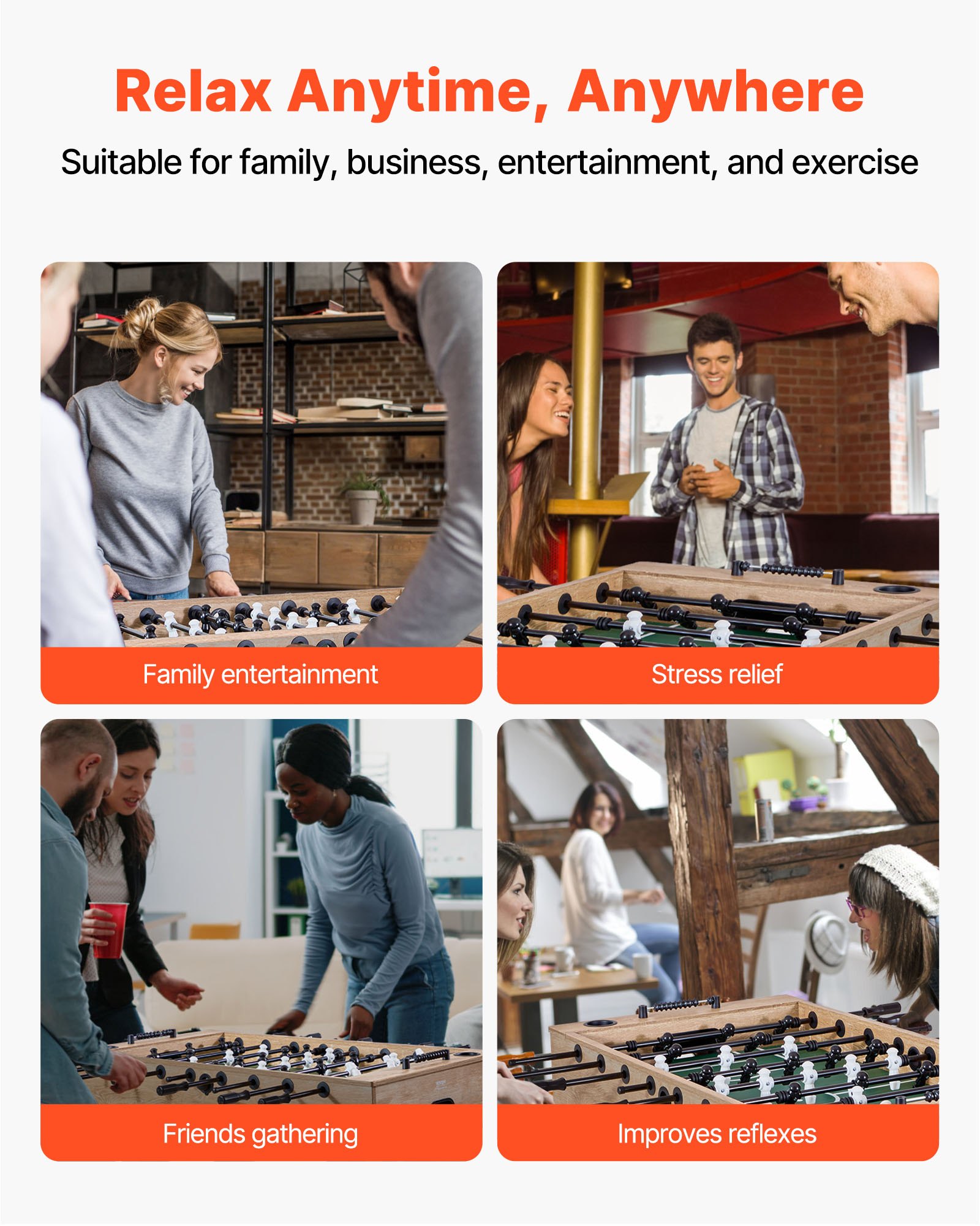 VEVOR Stół do piłkarzyków o standardowym rozmiarze (1400 x 726 x 864 mm), stół do piłkarzyków do użytku wewnątrz domu, rodziny i pokoju gier, wytrzymały zestaw, zawiera 4 piłki, licznik punktów i 2 uchwyty na kubki