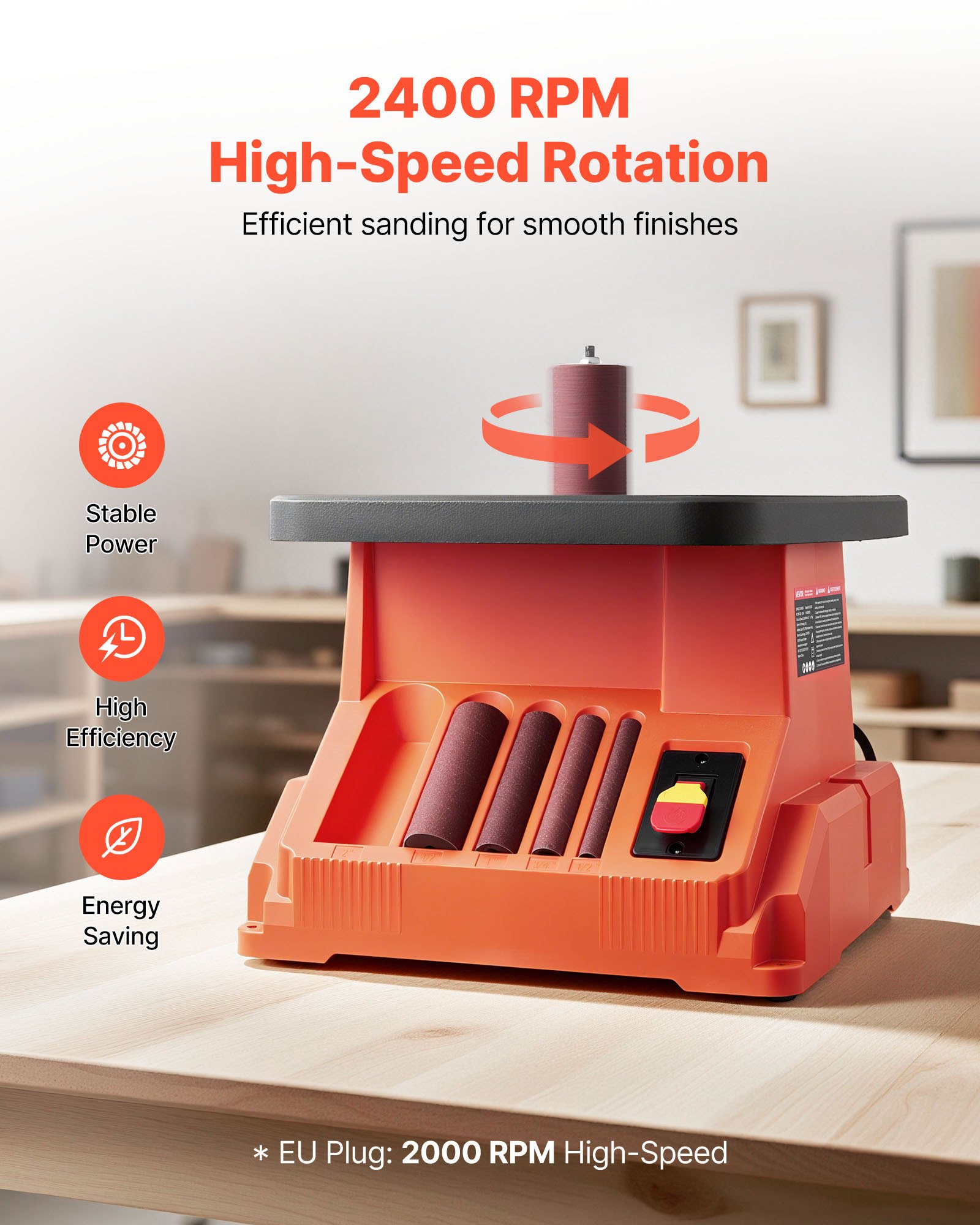 VEVOR Oscillating Spindle Sander, 2000RPM Benchtop Spindle Sander with 6 Sleeves (12.7–76.2 mm), 16mm Stroke & 390 x 415 mm Wide Worktable for Furniture Finishing, Crafts Sanding, DIY Woodworking