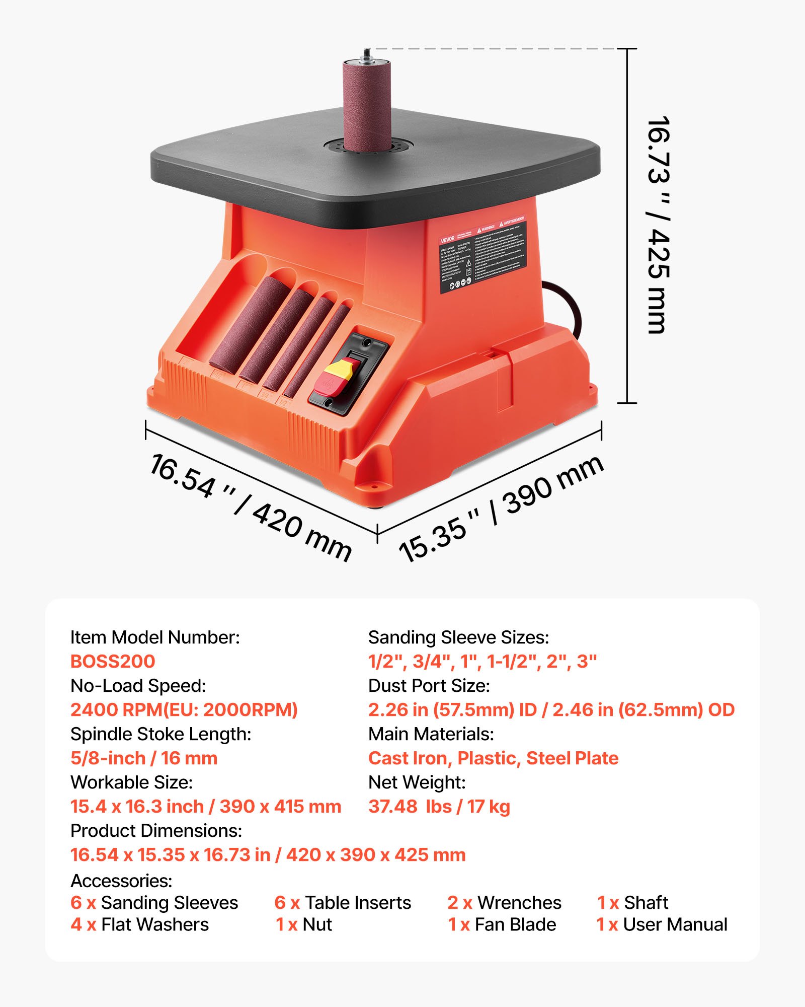VEVOR Oscillating Spindle Sander, 2000RPM Benchtop Spindle Sander with 6 Sleeves (12.7–76.2 mm), 16mm Stroke & 390 x 415 mm Wide Worktable for Furniture Finishing, Crafts Sanding, DIY Woodworking