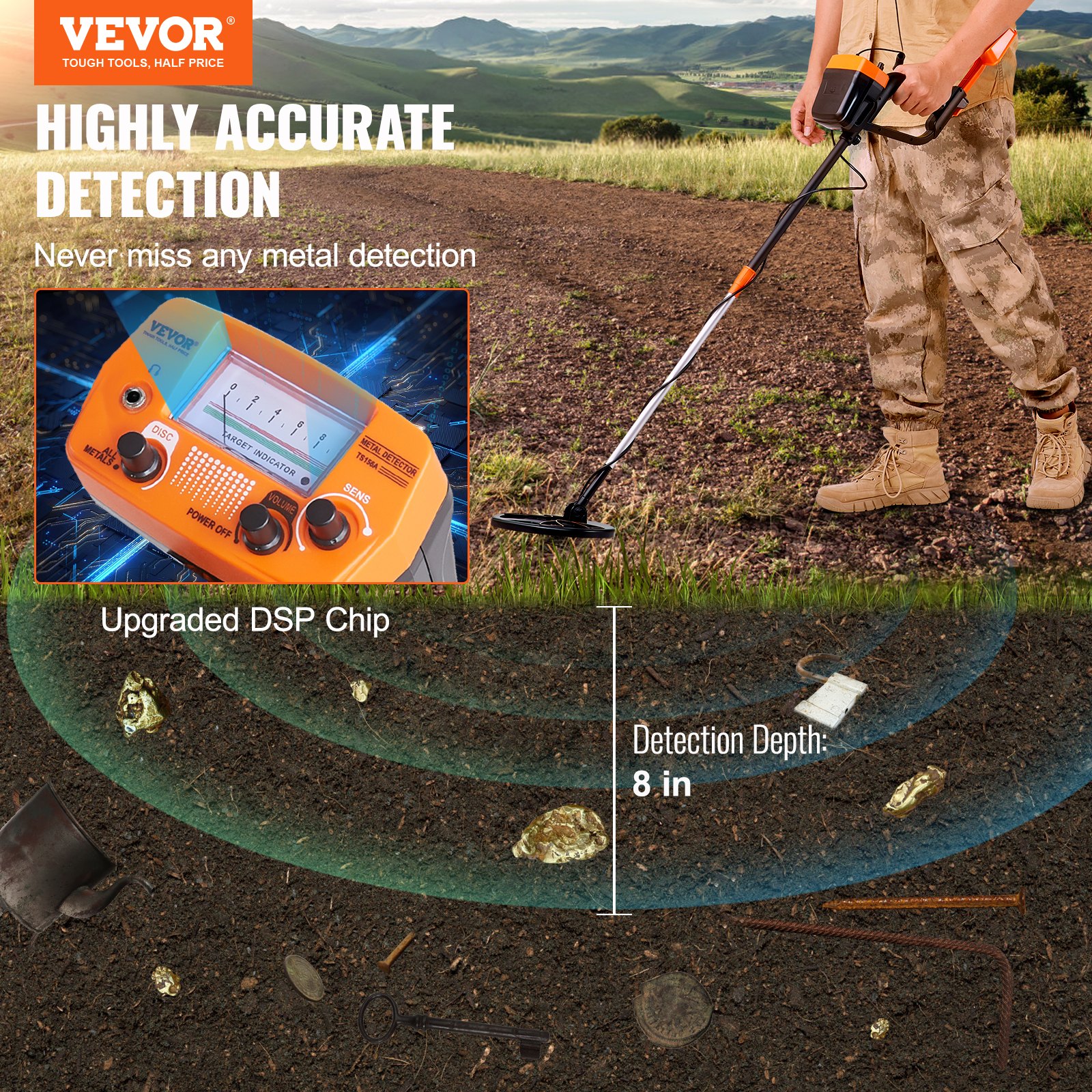 Zestaw wykrywacza metali VEVOR dla dorosłych Wielofunkcyjny profesjonalny wykrywacz z 2 trybami Wykrywacz metali Wodoodporna cewka 20,3 cm do większej głębokości z łopatą i futerałem