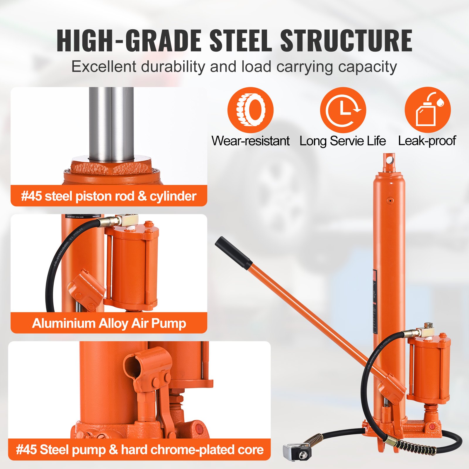 Podnośnik hydrauliczny VEVOR z długim siłownikiem, 8-tonowy siłownik podnoszący silnik z pojedynczą pompą tłokową i pompą powietrza, hydrauliczny podnośnik butelkowy do podnoszenia silników, dźwigów garażowych/warsztatowych, rolniczych itp.