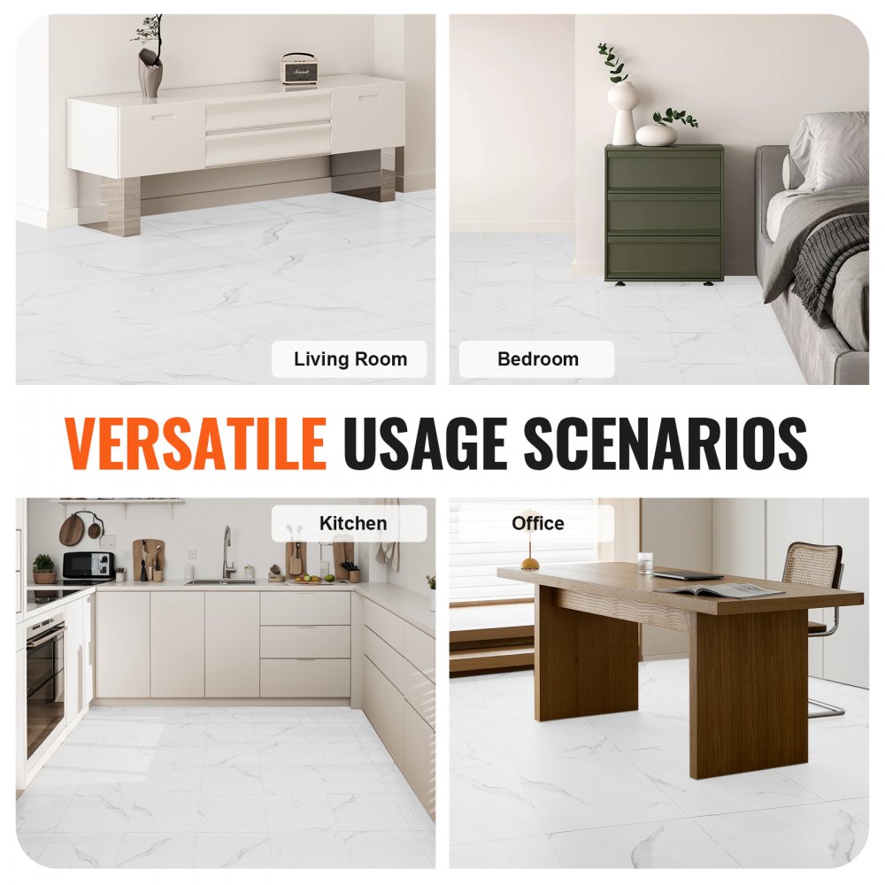 VEVOR Self-Adhesive Vinyl Floor Tiles, 30.5 x 30.5 cm, 50 Pieces, 1.5 mm Thick, Peel and Stick, White Marble Texture, DIY Flooring for Kitchen, Dining Room, Bedroom and Bathroom
