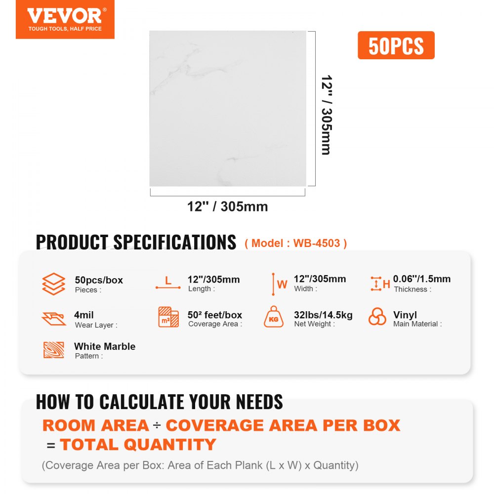 VEVOR Self-Adhesive Vinyl Floor Tiles, 30.5 x 30.5 cm, 50 Pieces, 1.5 mm Thick, Peel and Stick, White Marble Texture, DIY Flooring for Kitchen, Dining Room, Bedroom and Bathroom