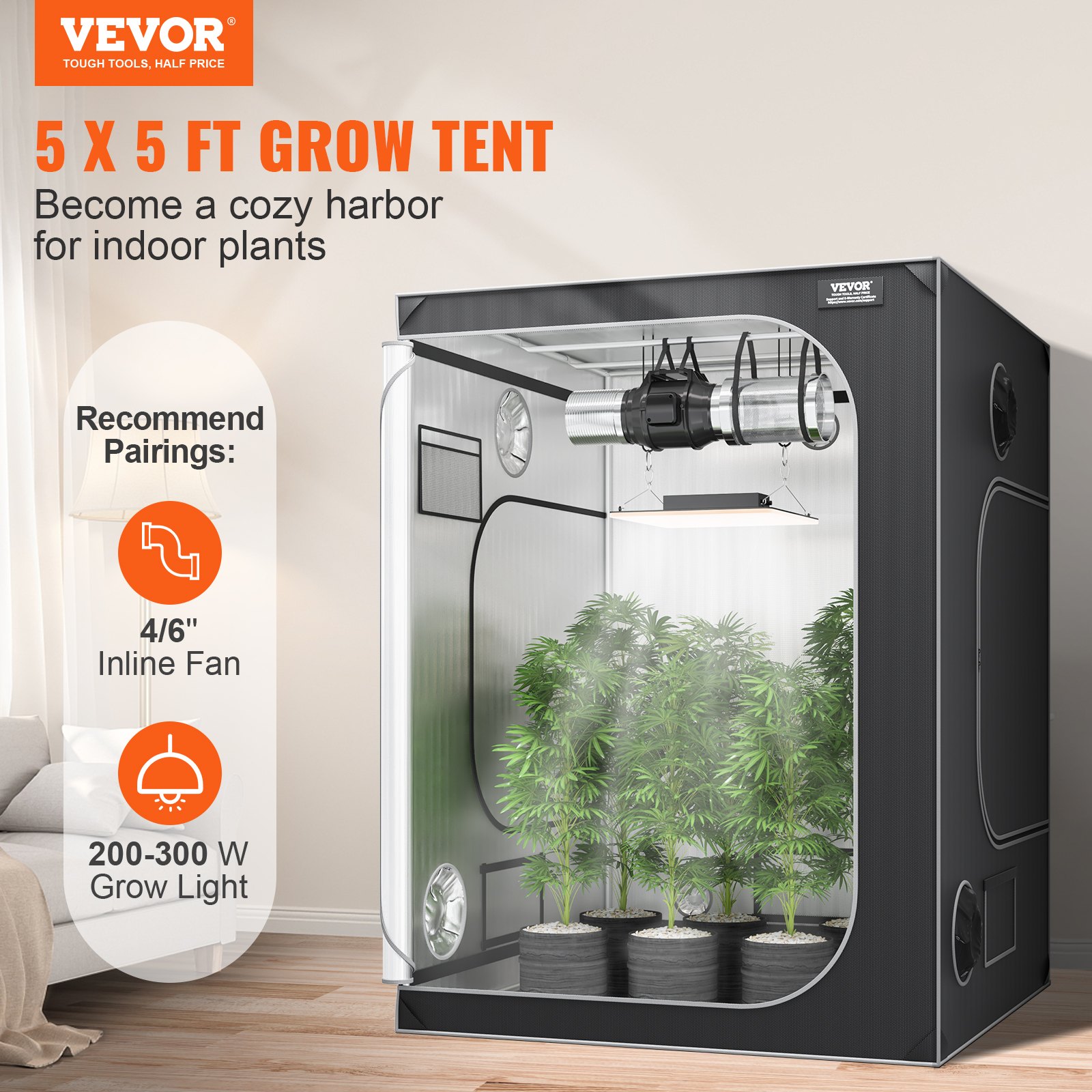 VEVOR Growbox 152x152x203cm Grow tent 2000D Oxford fabric and steel frame Growtent 60kg Plant cultivation 178x130cm door size Greenhouse Plant tent Growroom Grow cabinet Greenhouse