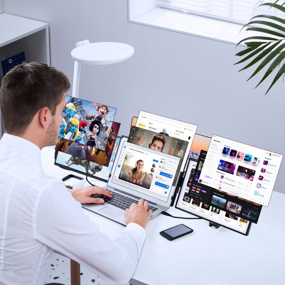 przenośny przedłużacz ekranu laptopa, 14-calowy monitor FHD 1080P IPS z potrójnym przedłużeniem do laptopów o przekątnej 13–17 cali, obrotowy przenośny monitor z portem USB-C/USB-A/mini HDMI, kompatybilny z systemami Mac/Win/Android/Switch/PS5 - miniatúra 8