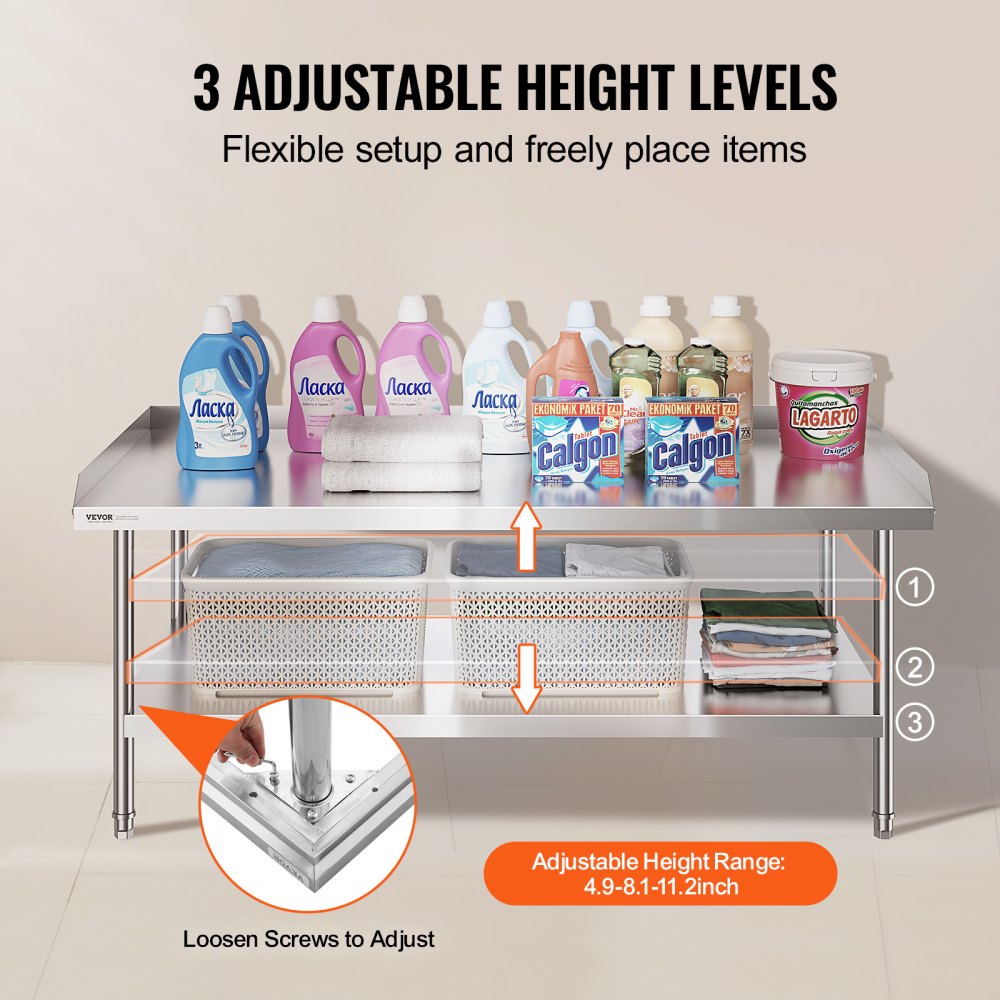 Stół roboczy ze stali nierdzewnej, stół roboczy do przygotowywania żywności w obiektach komercyjnych, trójstronny panel ochronny, stół roboczy do restauracji, domu, hoteli, 762 x 1524 x 660 mm - miniatúra 5