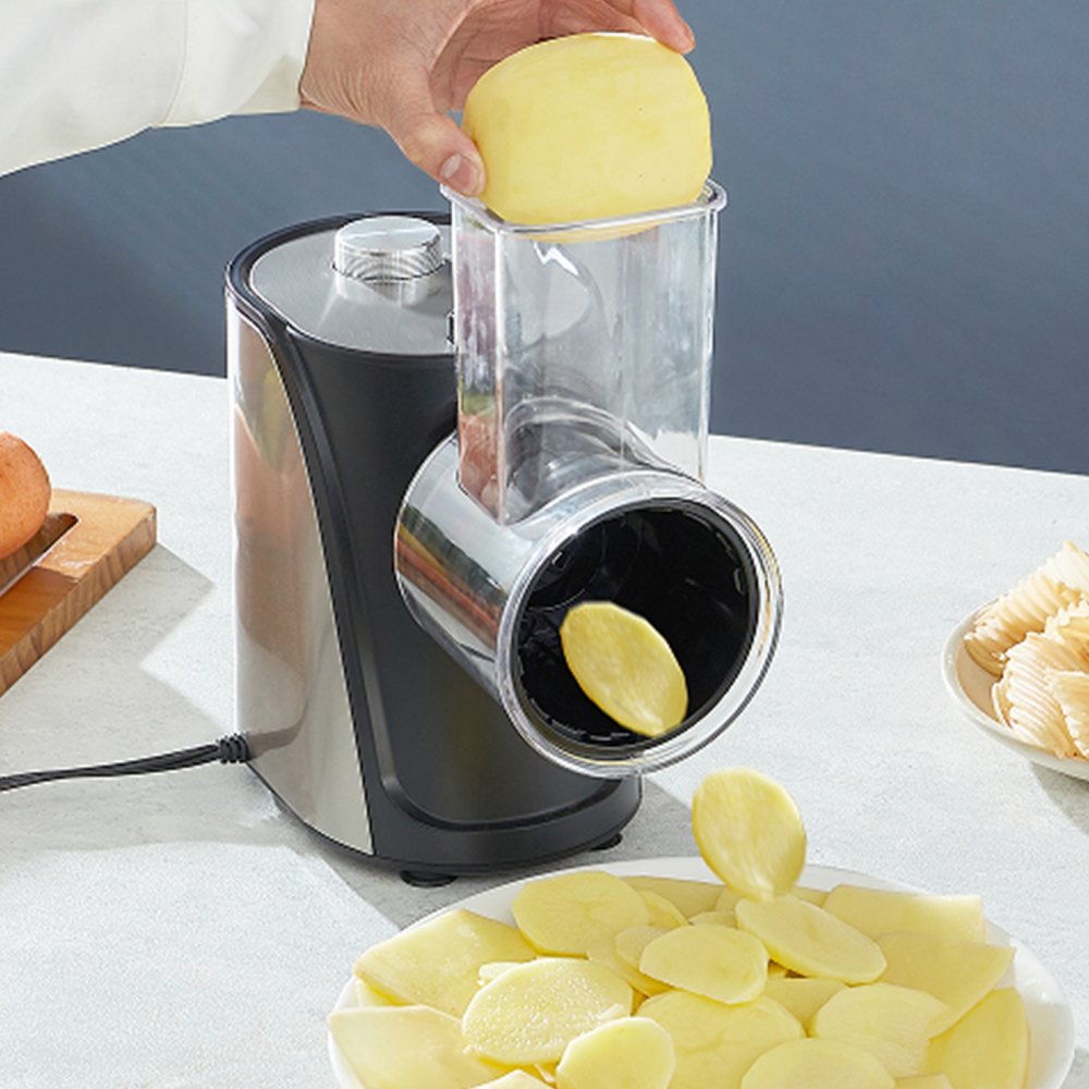 Elektryczna tarka do sera / maszyna do sałatek, wirówka do sałaty 250 W, elektryczna krajalnica do warzyw, siekaczka do owoców z 5 końcówkami, krajalnica do żywności wykonana ze stali nierdzewnej i tworzywa ABS - miniatúra 8
