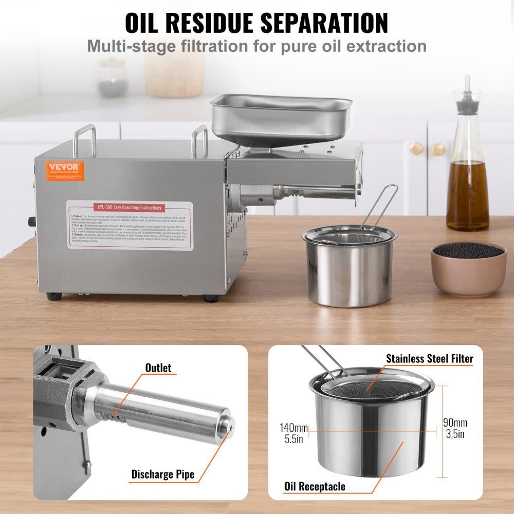 Prasa do oleju VEVOR elektryczna, 700 W, stal nierdzewna, stała temperatura 140°C, prasa do tłoczenia oleju na gorąco do tłoczenia orzeszków ziemnych, nasion sezamu, rzepaku i nasion herbaty - miniatúra 4