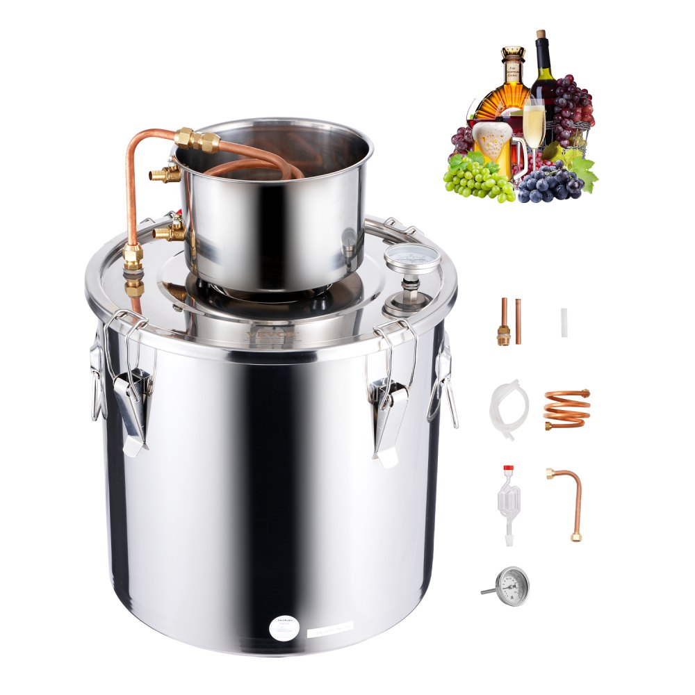Destylator alkoholu VEVOR 30 l ze stali nierdzewnej, destylator wody i alkoholu z miedzianą wężownicą, domowy zestaw do fermentacji z termometrem, do wina, whisky, brandy, srebra - fotka 1