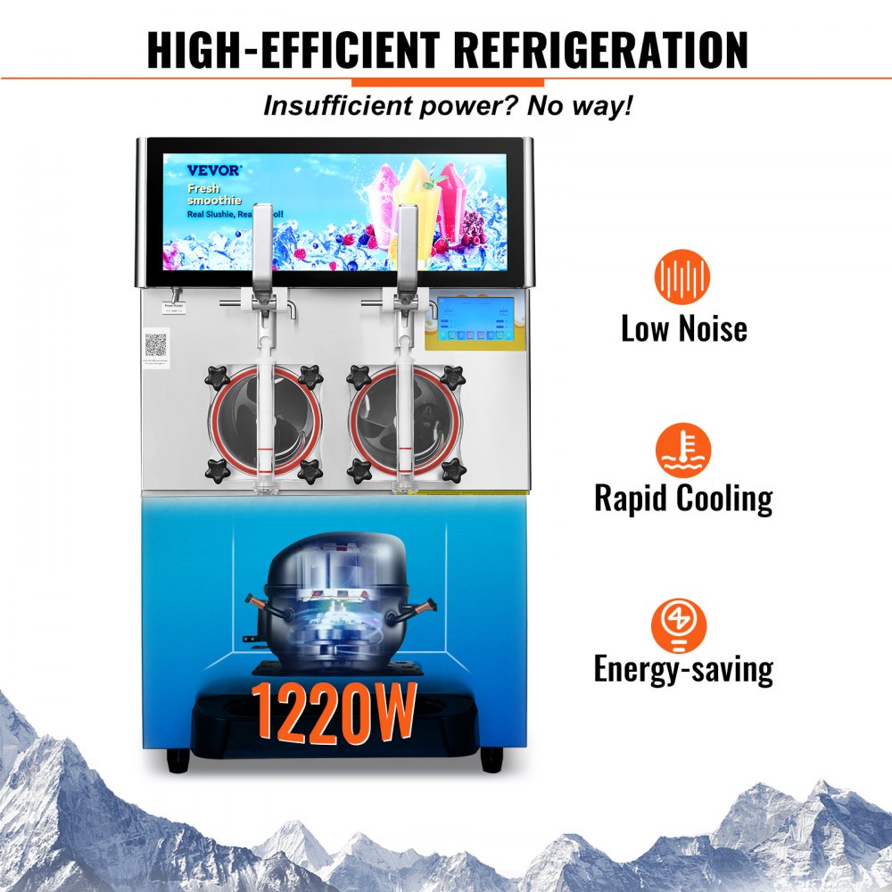 8 L x 2 Komercyjna maszyna do produkcji slushie, maszyna do produkcji slushie o wydajności 26–32 l/godz., 1800 W, maszyna do produkcji slushie ze stali nierdzewnej o wadze 94 kg, 570 × 680 × 925 mm - miniatúra 5