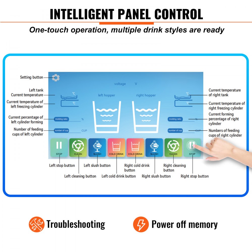 8 L x 2 Komercyjna maszyna do produkcji slushie, maszyna do produkcji slushie o wydajności 26–32 l/godz., 1800 W, maszyna do produkcji slushie ze stali nierdzewnej o wadze 94 kg, 570 × 680 × 925 mm - miniatúra 6