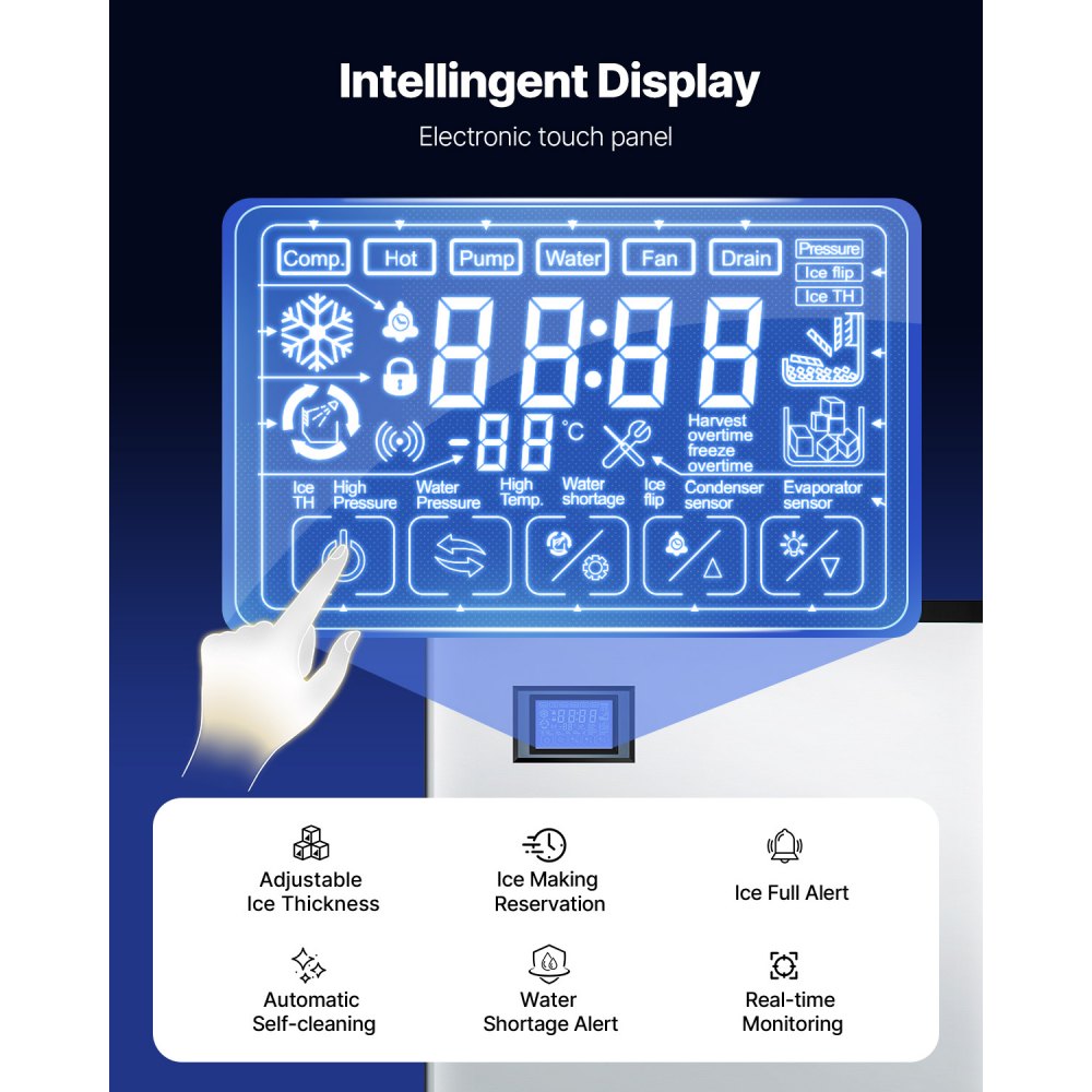 Ice Machine Head Komercyjna maszyna do lodu Maszyna do lodu (tylko głowica) 136 kg/dzień, głowica ze stali nierdzewnej + tworzywo PE Głowica do lodu z inteligentnym panelem sterowania i czyszczeniem jednym przyciskiem - miniatúra 5