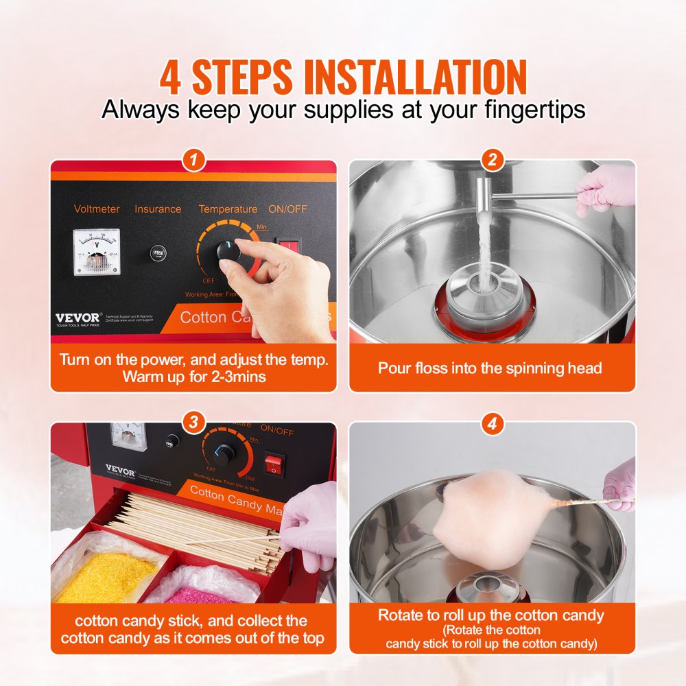 Elektryczna maszyna do waty cukrowej VEVOR z wózkiem, komercyjna maszyna do waty cukrowej o mocy 1 kW z pokrywą, misą ze stali nierdzewnej, łyżką do cukru i szufladką, na urodziny dzieci i przyjęcia rodzinne, kolor czerwony - miniatúra 5