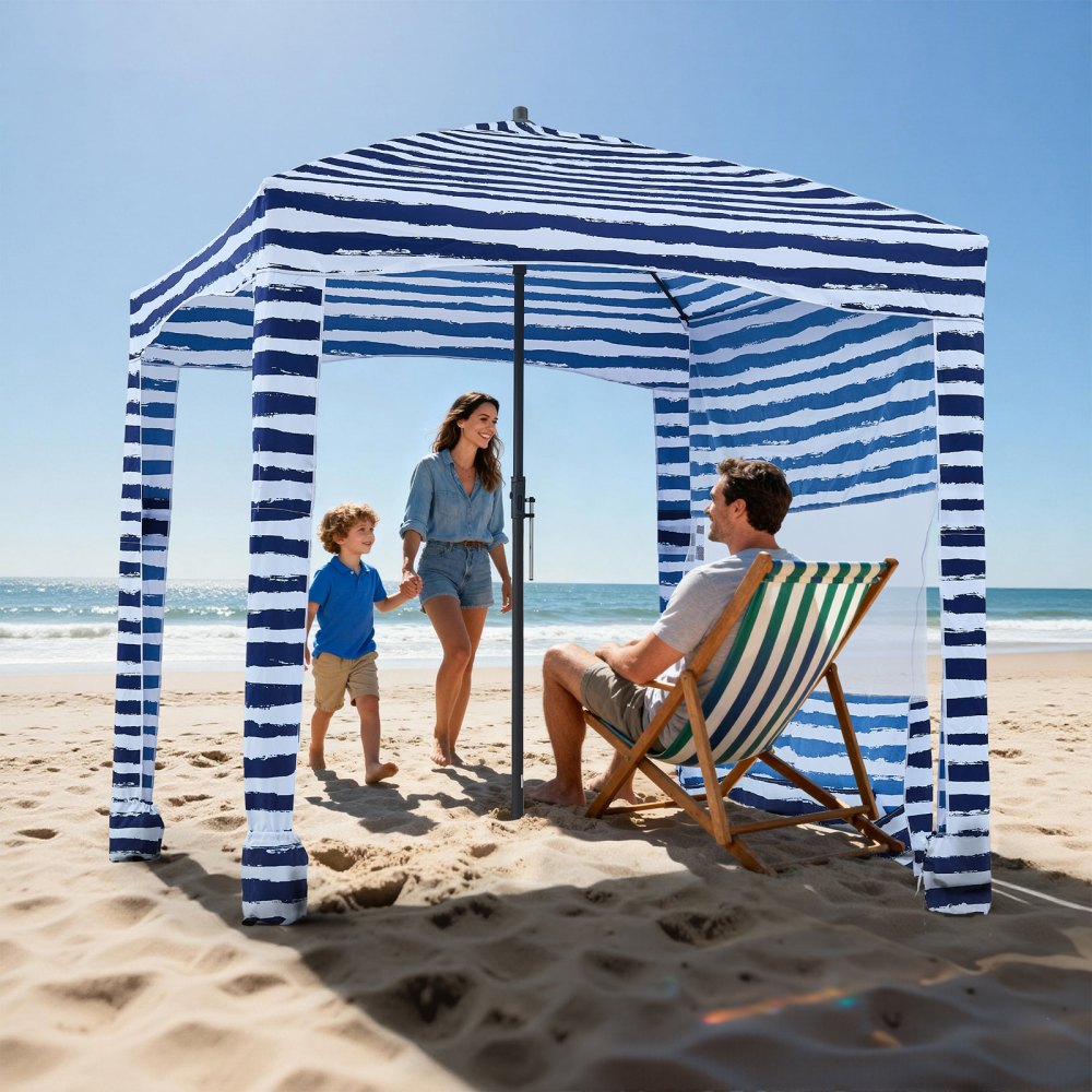 Beach Cabana, baldachim plażowy 183 x 183 cm z panelem bocznym, ochrona przeciwsłoneczna UPF 50+, pawilon plażowy z workami z piaskiem, przenośny parasol przeciwsłoneczny dla rodziny i przyjaciół, granatowe paski