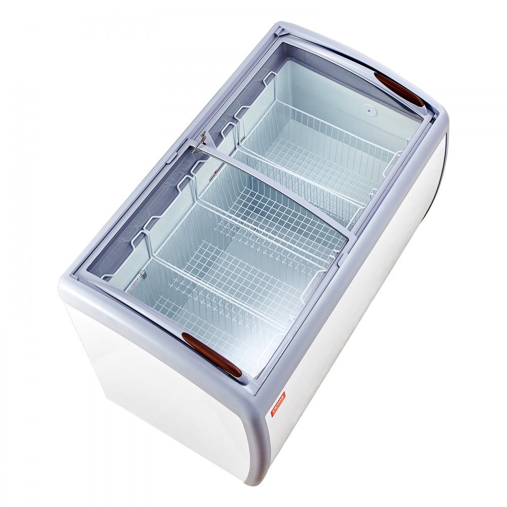 Komercyjna witryna do lodów, zamrażarka skrzyniowa 362 l, przenośna zamrażarka pionowa ze szklanym blatem, szafka do lodów restauracyjnych z 4 drucianymi koszami, 2 przesuwanymi szklanymi drzwiami, kółka z blokadą, biała - miniatúra 11