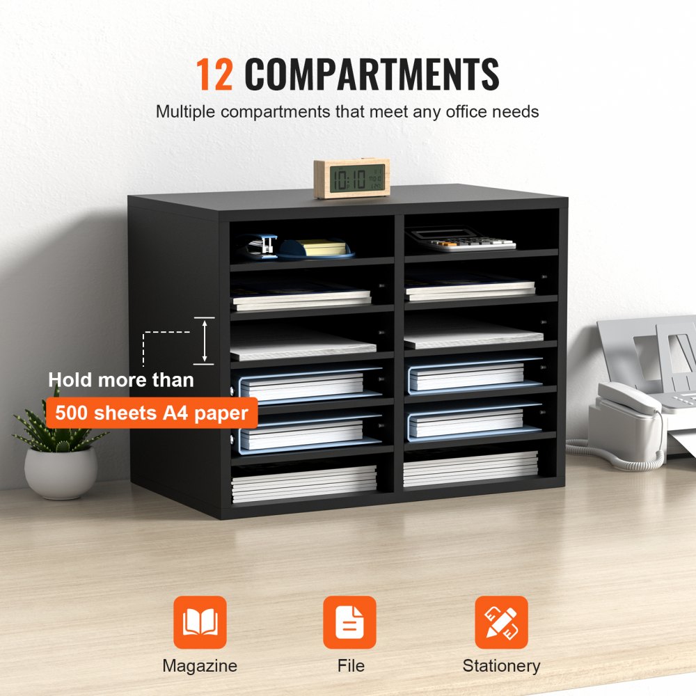 Tacka na listy, organizer na biurko, 520 x 305 x 410 mm, 2,3–5,6 cm, regulowana, pozioma, format A4, tacka na papier, organizer do systemu przechowywania dokumentów biurkowych, archiwizacja (czarna, 2 x 6 przegródek) - miniatúra 4