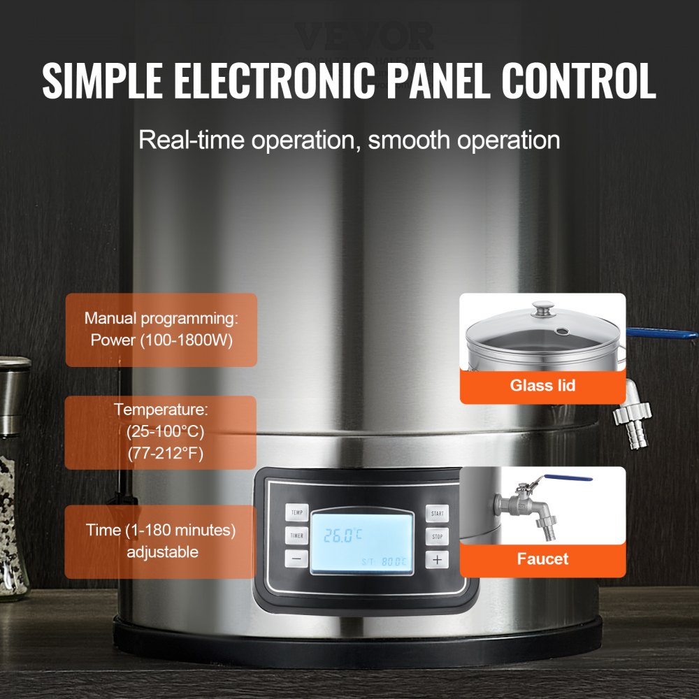 Kocioł do warzenia piwa ze stali nierdzewnej 35 l, Kocioł do warzenia, Akcesoria do domowego warzenia piwa, Zestaw sprzętu do warzenia piwa zawierający szklaną pokrywę, uchwyt, kran, elektroniczny panel sterowania komercyjny - miniatúra 5