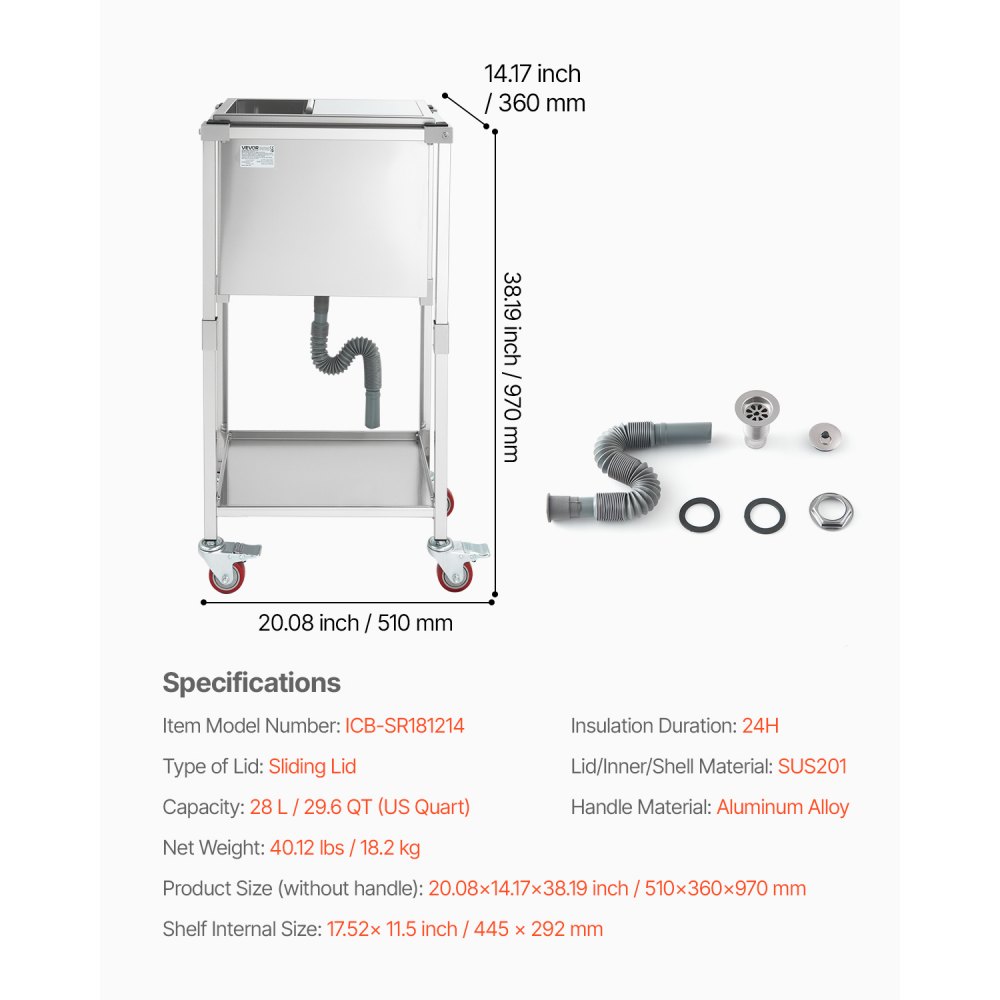 28 l Pojemnik chłodzący na kółkach (51 x 36 x 97 cm), stal nierdzewna, chłodziarka na napoje na kółkach, lodówka turystyczna do użytku na zewnątrz z półką, do baru imprezowego w ogrodzie lub na tarasie - miniatúra 7