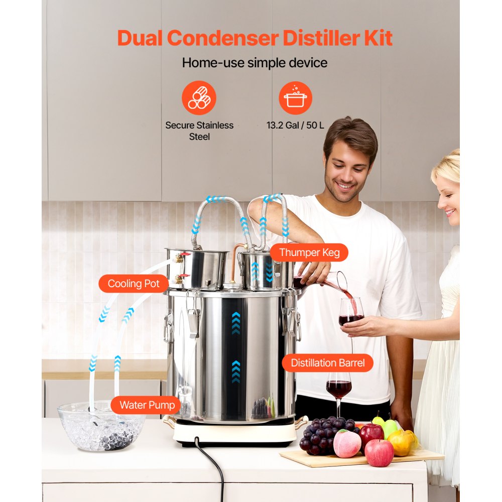 Destylator alkoholu VEVOR 50 l Destylator alkoholu wodnego ze stali nierdzewnej z miedzianą wężownicą do szybkiego chłodzenia, zestaw do destylacji z podwójnym skraplaczem i destylacją wtórną, do wina i whisky - miniatúra 2