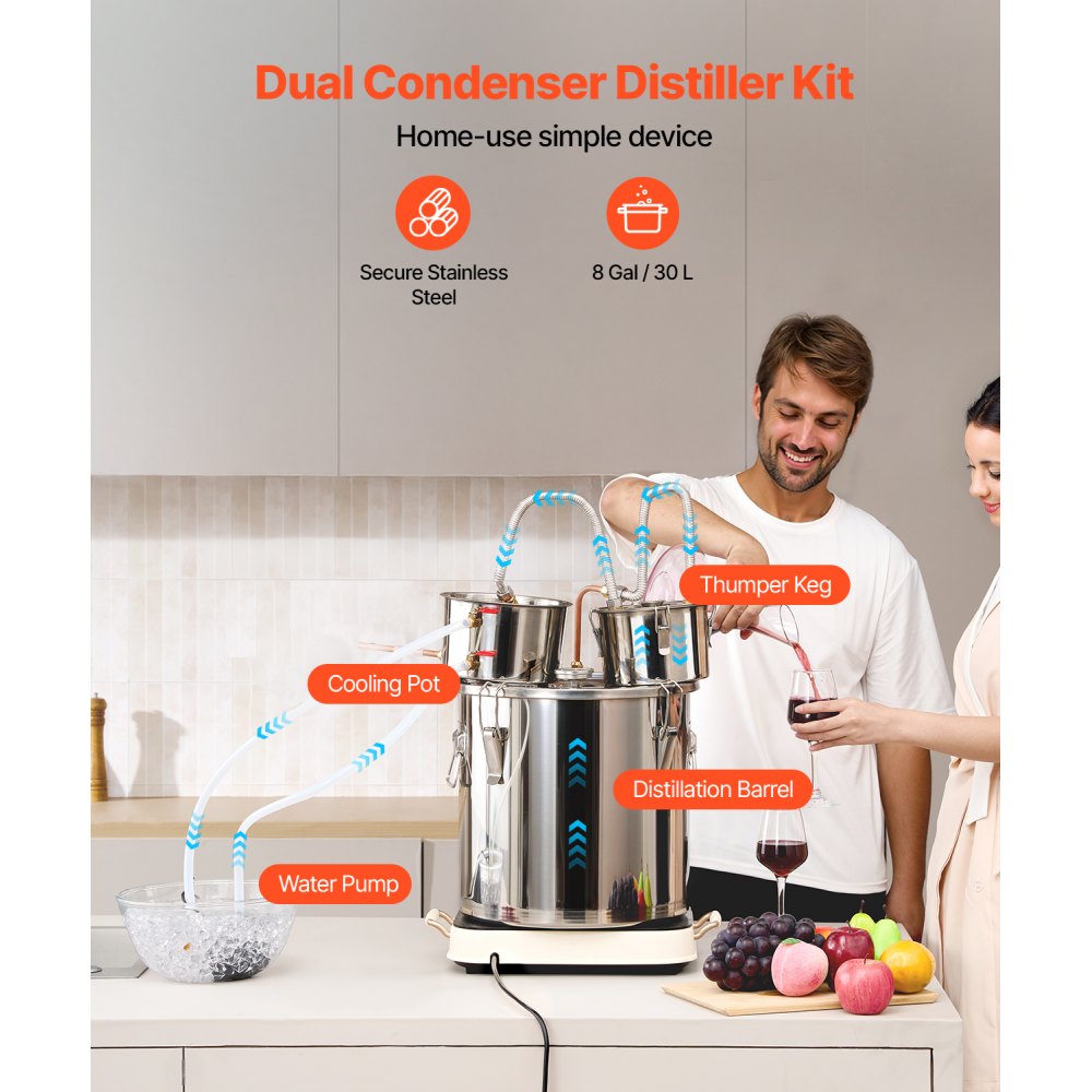 Destylator alkoholu VEVOR 30L Destylator alkoholu wodnego ze stali nierdzewnej z miedzianą wężownicą do szybkiego chłodzenia, zestaw do destylacji z podwójnym skraplaczem i destylacją wtórną, do wina, whisky, brandy, srebra - miniatúra 2