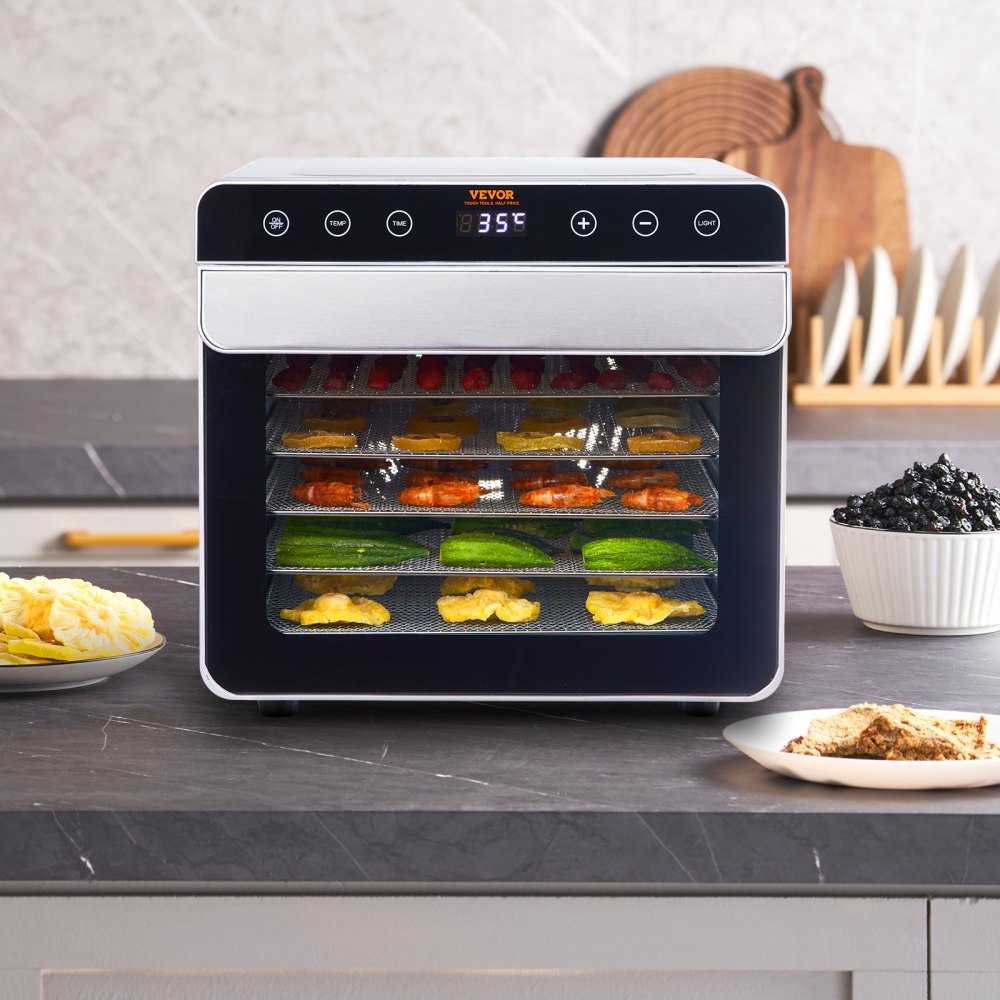 Suszarka do żywności VEVOR 700 W, stal nierdzewna, 300 x 280 mm, 6 tac, suszenie 360°, regulacja temperatury 35–85°C, timer od 0,5 do 48 godzin, zabezpieczenie przed przegrzaniem, książeczka z przepisami na mięso, owoce i warzywa - miniatúra 8