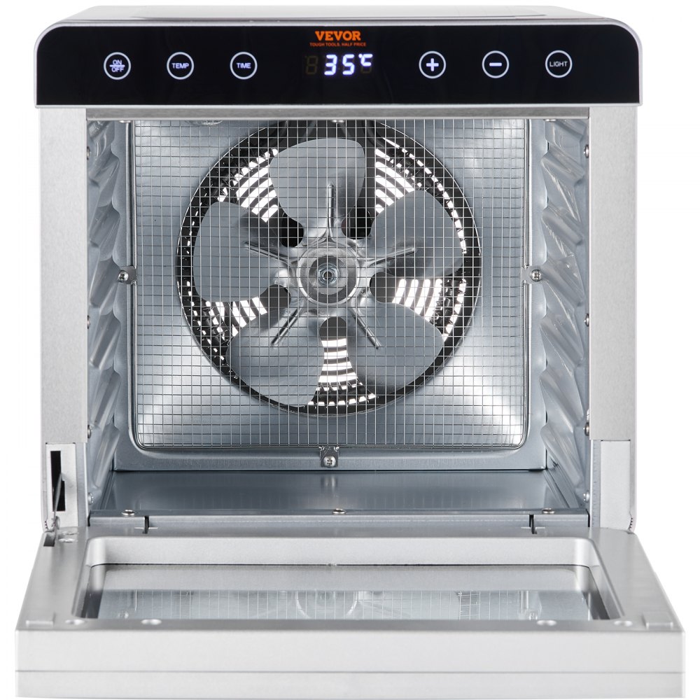 Suszarka do żywności VEVOR 700 W, stal nierdzewna, 300 x 280 mm, 6 tac, suszenie 360°, regulacja temperatury 35–85°C, timer od 0,5 do 48 godzin, zabezpieczenie przed przegrzaniem, książeczka z przepisami na mięso, owoce i warzywa - miniatúra 12