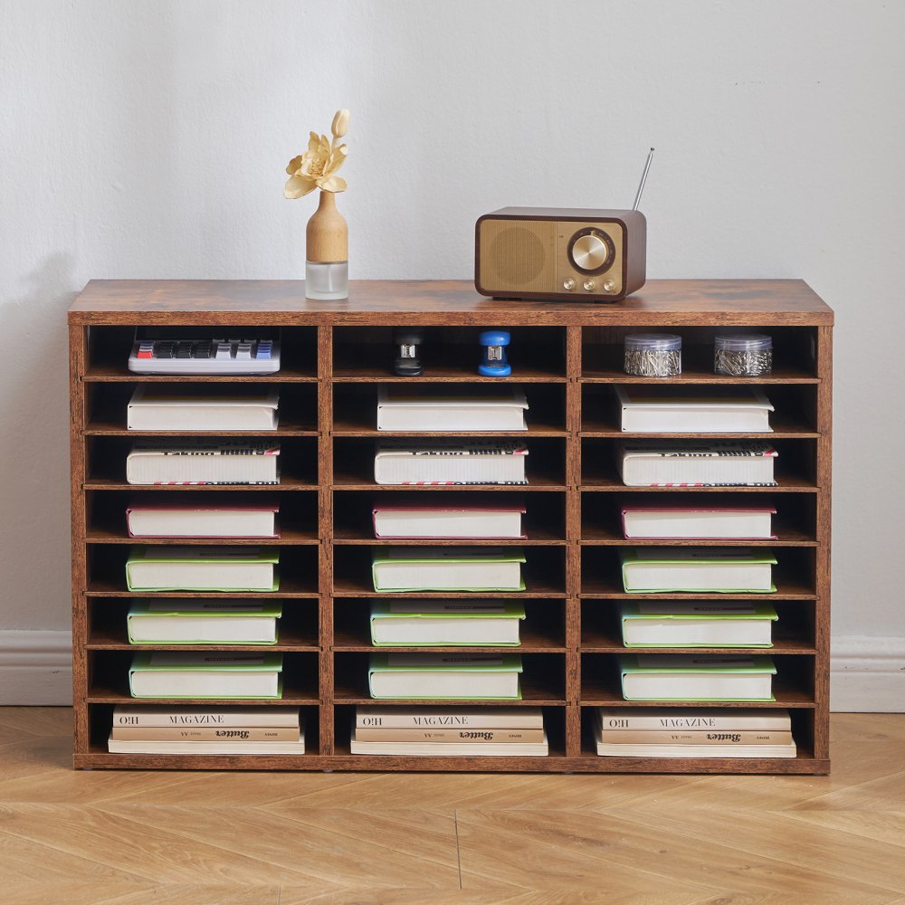 Organizer na dokumenty z 24 przegródkami i wyjmowanymi półkami, tacka na dokumenty do sortowania dokumentów, wykonana z drewna, płyty wiórowej, do biura, sali lekcyjnej, ciemnobrązowa - miniatúra 8