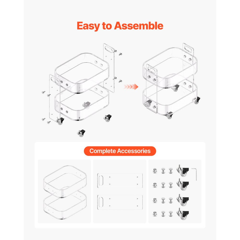 Wózek na kółkach do serwowania, 2-poziomowy, mobilny stolik boczny, nowoczesny, akrylowy wózek na kółkach ze schowkiem, przezroczysta szafka nocna jako stolik boczny, do salonu, sypialni, baru, biura - miniatúra 7