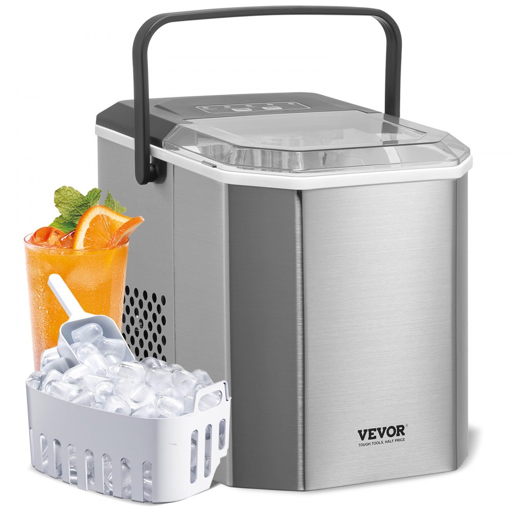 Ice Cube Maker Maszyna do robienia kostek lodu 9 kostek w 6 minut, 11,8 kg / 24 godz., przenośna kostkarka do lodu z łyżką i koszykiem, maszyna do lodu w 2 rozmiarach do baru kuchennego, srebrna - fotka 1