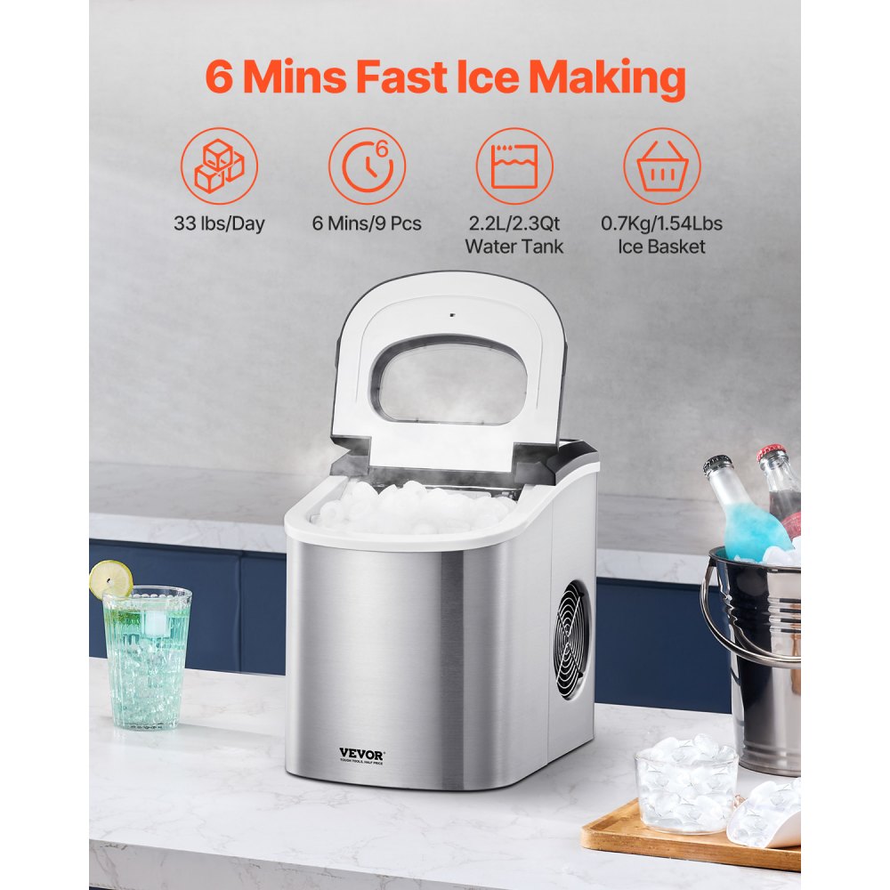 Ice Cube Maker Stacjonarna przenośna kostkarka do lodu (15 kg/dzień), 9 kostek gotowych w 6 minut, samoczyszcząca kostkarka do lodu z łyżką i koszykiem, do kuchni domowej, biura, baru, imprezy - miniatúra 2