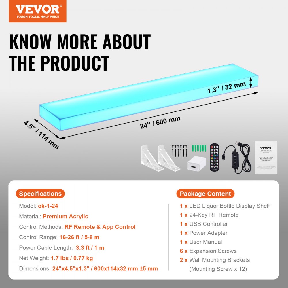 Bar Półka na wino, podświetlana diodami LED, z pilotem RF i aplikacją, 1-poziomowa akrylowa półka na napoje, stojak na butelki wina, 600 x 114 x 32 mm, ścienny/stołowy - miniatúra 7