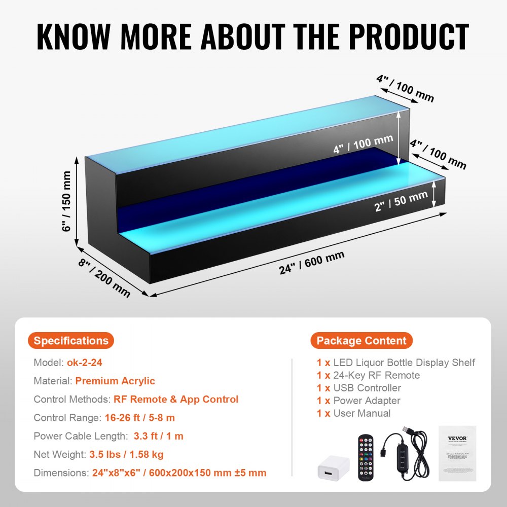 Bar Półka na wino, podświetlana diodami LED, z pilotem RF i aplikacją, 2-poziomowa akrylowa półka na napoje, wolnostojący stojak na butelki wina, 60 x 20 x 15 cm - miniatúra 6