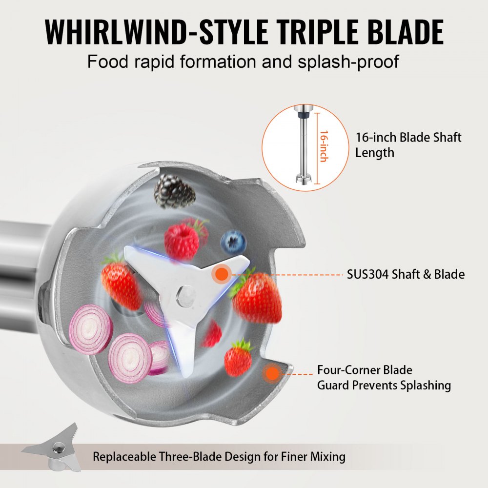 Blender ręczny VEVOR, komercyjny, 500-watowy, wytrzymały, 16-calowy blender z bezstopniową regulacją prędkości i ostrzem ze stali nierdzewnej, przenośny, wielofunkcyjny blender do zup, sosów, puree ziemniaczanego i śmietany - miniatúra 5