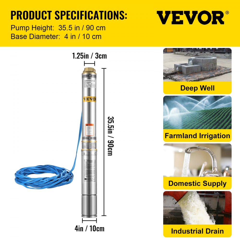 1HP 4" Submersible Bore Pump Deep Well Pump Stainless Steel 6500L/h  20M Cable