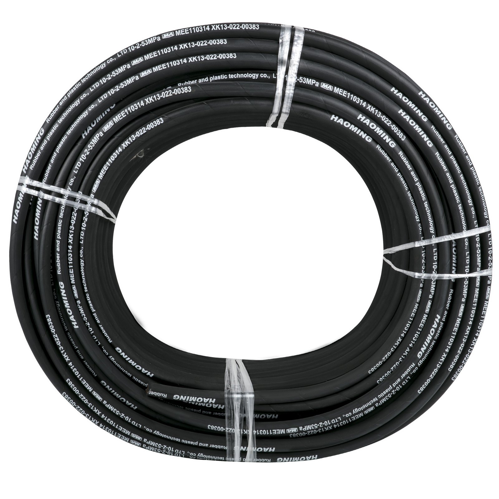 VEVOR hydraulic hose, coiled and secured with white straps, featuring branding text.