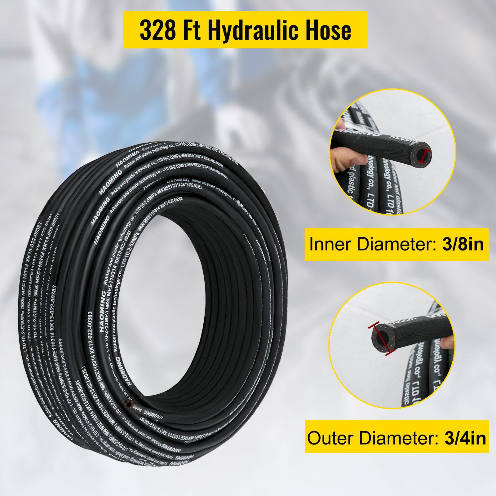 VEVOR hydraulic hose, 328 ft long, 3/8in inner diameter, 3/4in outer diameter.