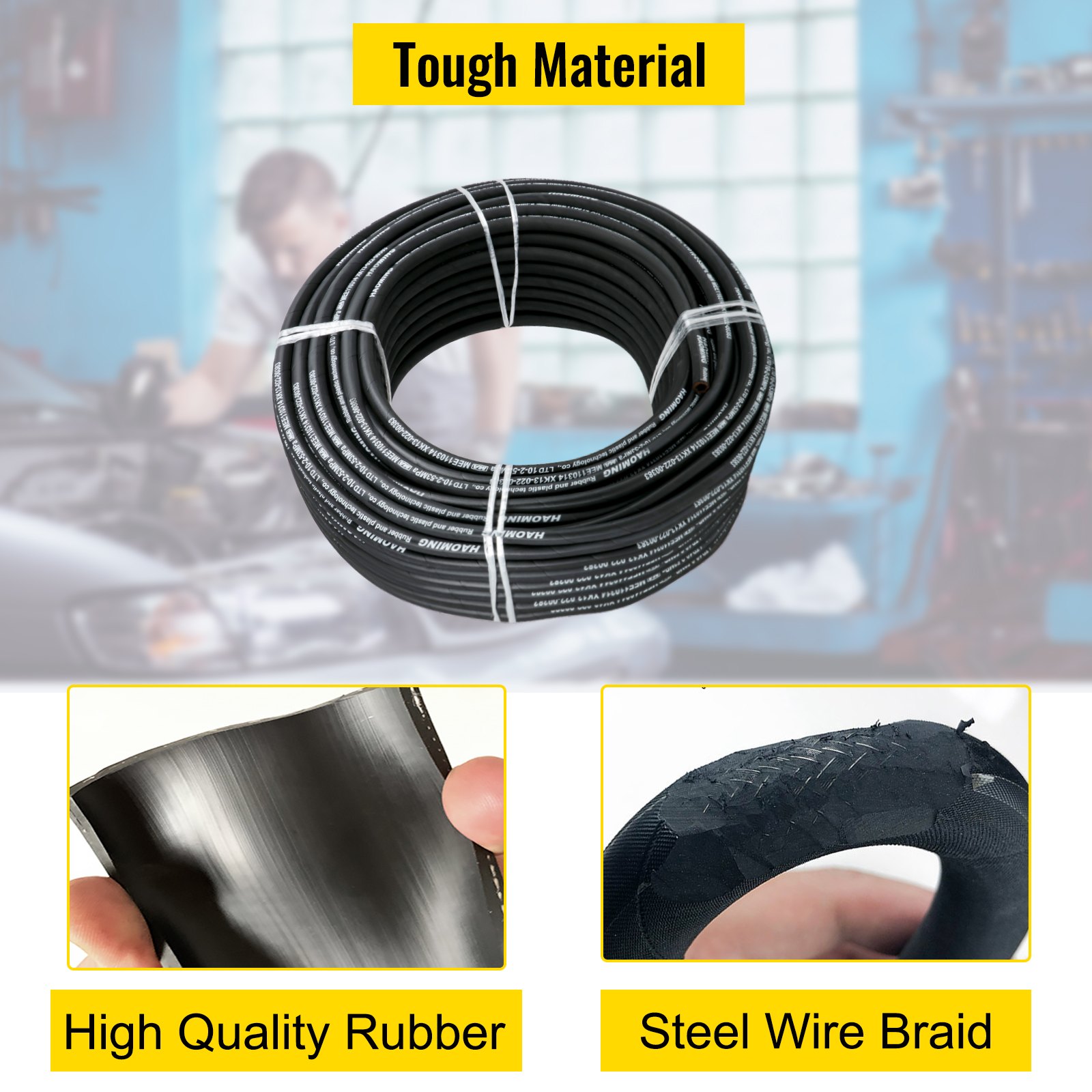 VEVOR hydraulic hose with high-quality rubber and steel wire braid, labeled &quot;tough material&quot;.