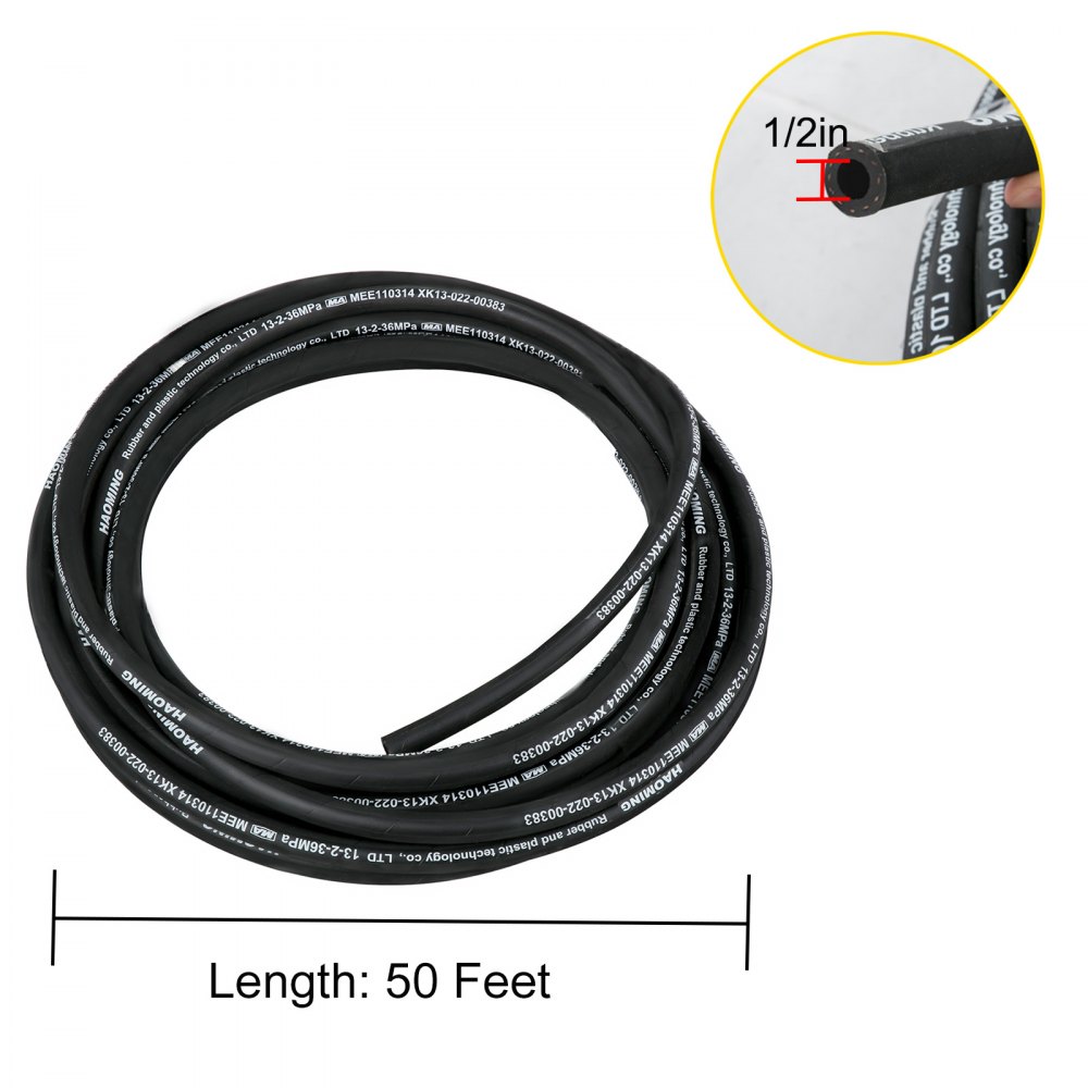 VEVOR Hydraulic Hose 15m Rubber Hydraulic Hoses with 2 High-Tensile Steel Wire Braid, Inner Diameter 1/2 Inch, 5000 PSI Max, Bulk Hydraulic Hose -40 °F to 250 °F, Hydraulic Oil Flexible Hose