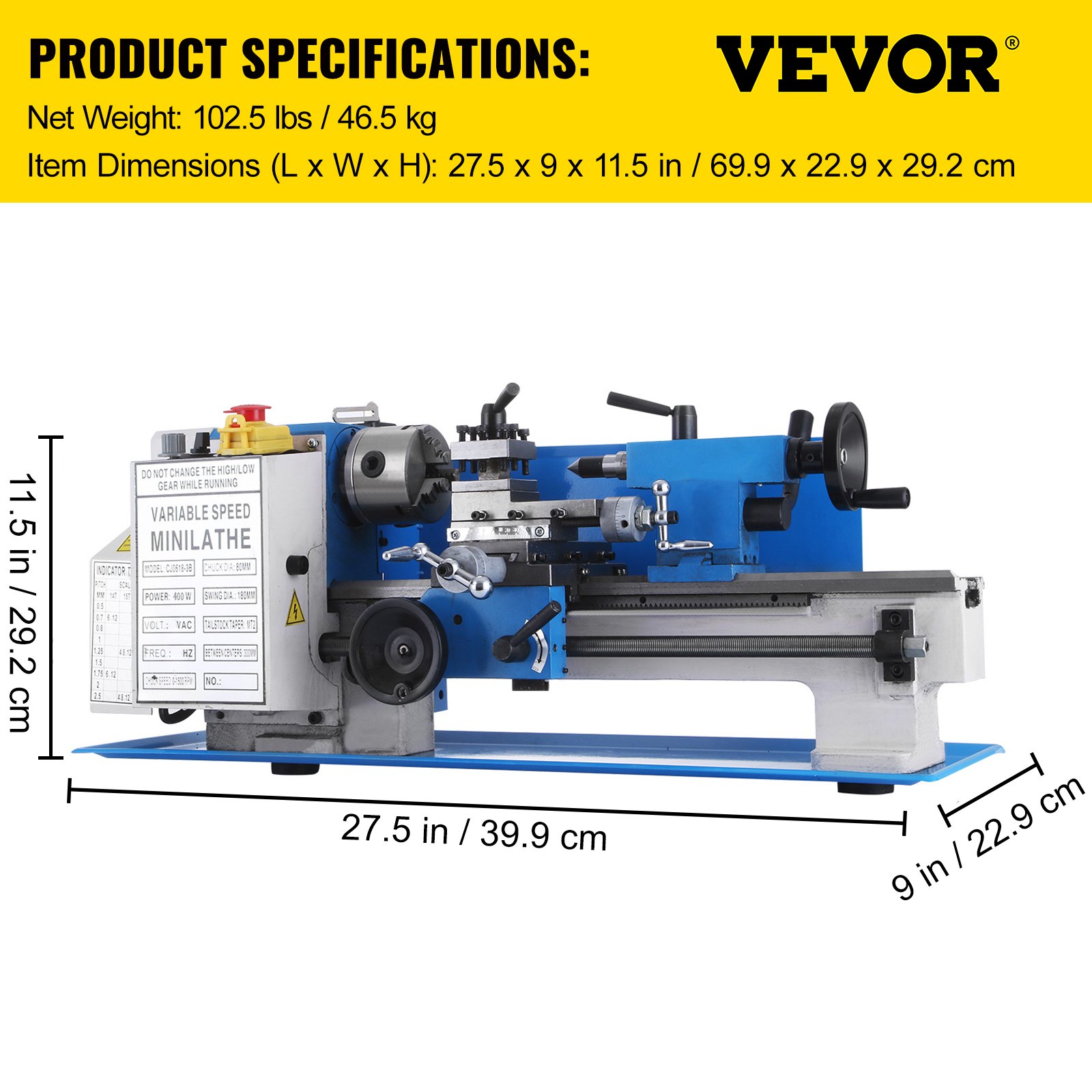 VEVOR 7x12" 400W Precision Mini Metal Lathe Variable Speed 2250RPM