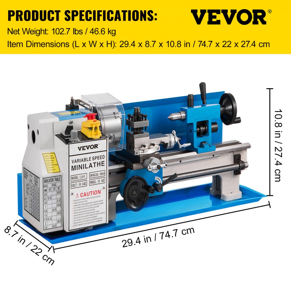 VEVOR Compact Metal Lathe 7" x 14", Adjustable Speed 0-2500 RPM, Equipped with 4" 3-jaw Chuck, Ideal for Metalworking, Benchtop Design for Metal Turning Projects