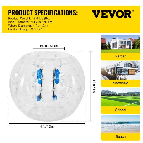 VEVOR 1PCS PVC Zorbing Ball Family Fun Zorb Ball Soccer Bubble for Adults or Child 1.2M Inflatable Bumper Football Outdoor Activity Zorb Balls Transparent