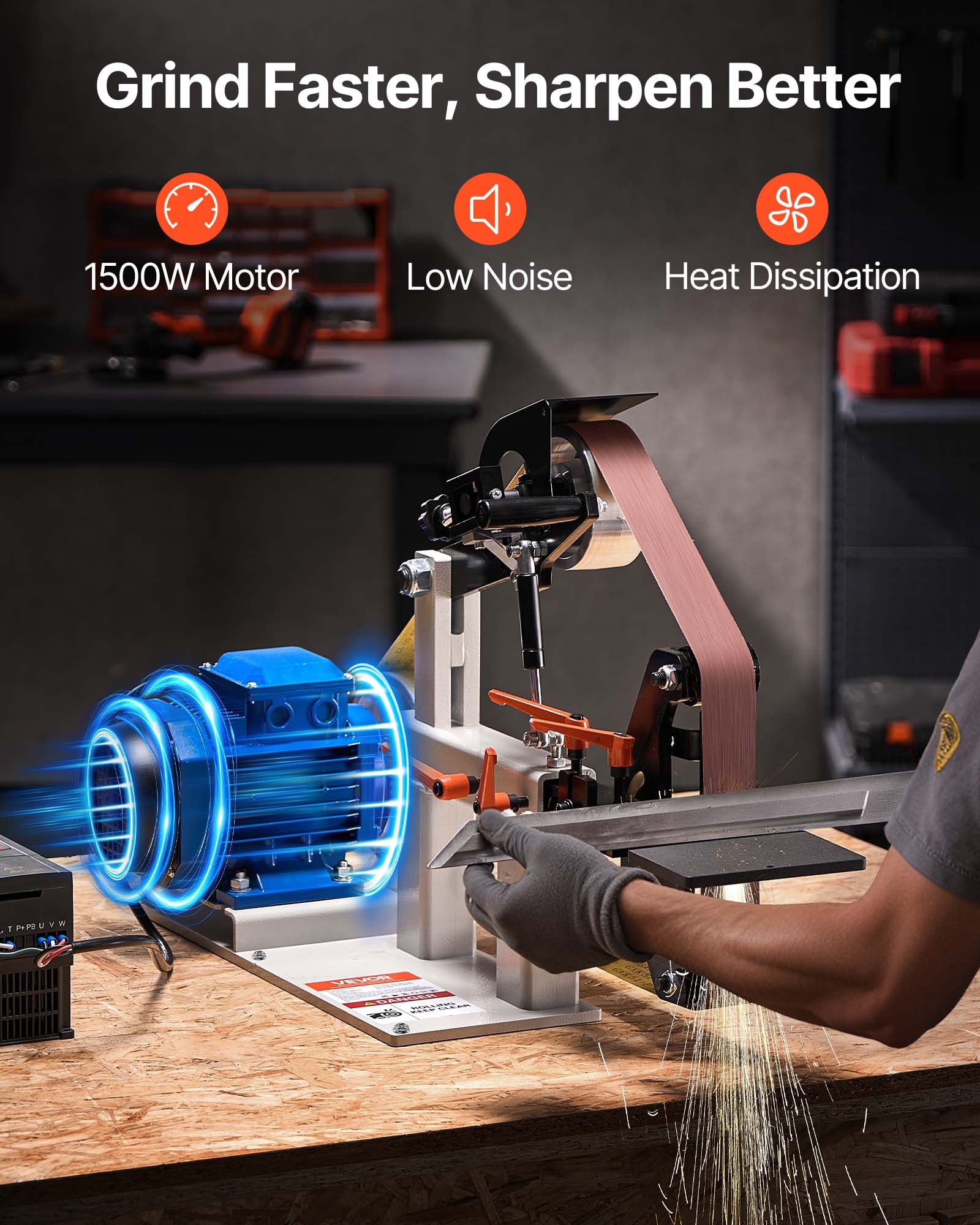 VEVOR 2Hp 1.5 KW Belt Grinder 2 x 82 inch Variable Speed Belt Sander with 3 Grinding Wheel Bench Sander 12 inch Wheel and Flat Platen Tool Rest for Knife Making