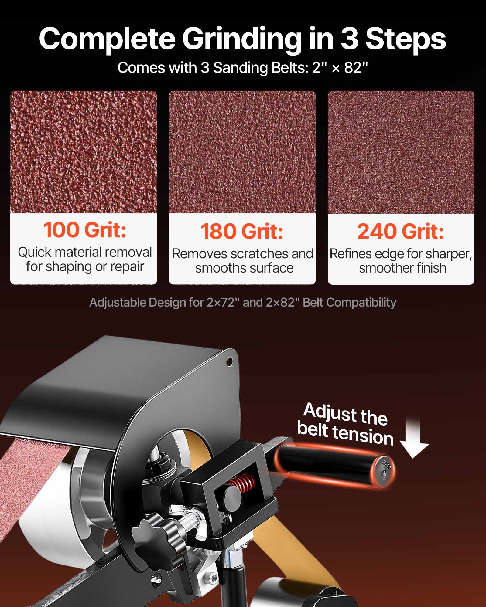 VEVOR 2Hp 1.5 KW Belt Grinder 2 x 82 inch Variable Speed Belt Sander with 3 Grinding Wheel Bench Sander 12 inch Wheel and Flat Platen Tool Rest for Knife Making