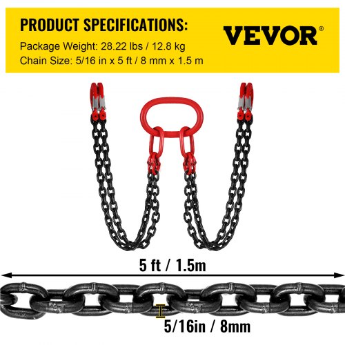 VEVOR 8MM Lifting Chain Sling with Hooks, 4 Leg Chain Sling Chain Sling, 1.5M Lifting Chains Chain Hanging with Shortners Crane 11023LBS / 5T
