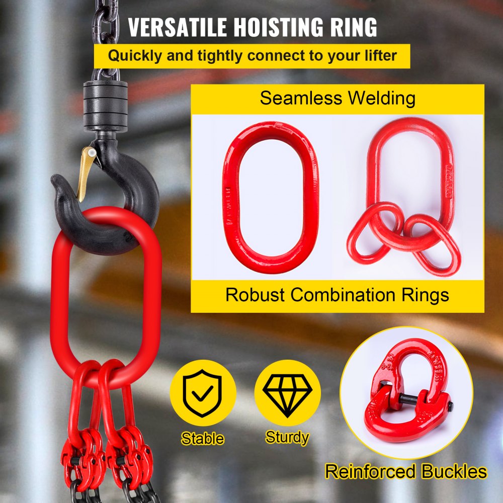 VEVOR Chain Sling, 8 mm x 150 cm Lifting Chains with Hooks, G80 Engine Chain Hoist Lifts, 5 Ton Capacity Lifting Sling Chains for Engine Hoist, Engine Lift Chain with 4 Leg Grab Hooks, Heavy Duty