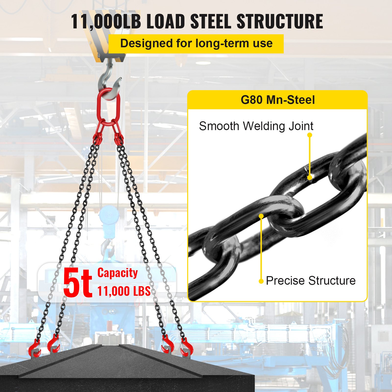 VEVOR Chain Sling, 8 mm x 150 cm Lifting Chains with Hooks, G80 Engine Chain Hoist Lifts, 5 Ton Capacity Lifting Sling Chains for Engine Hoist, Engine Lift Chain with 4 Leg Grab Hooks, Heavy Duty
