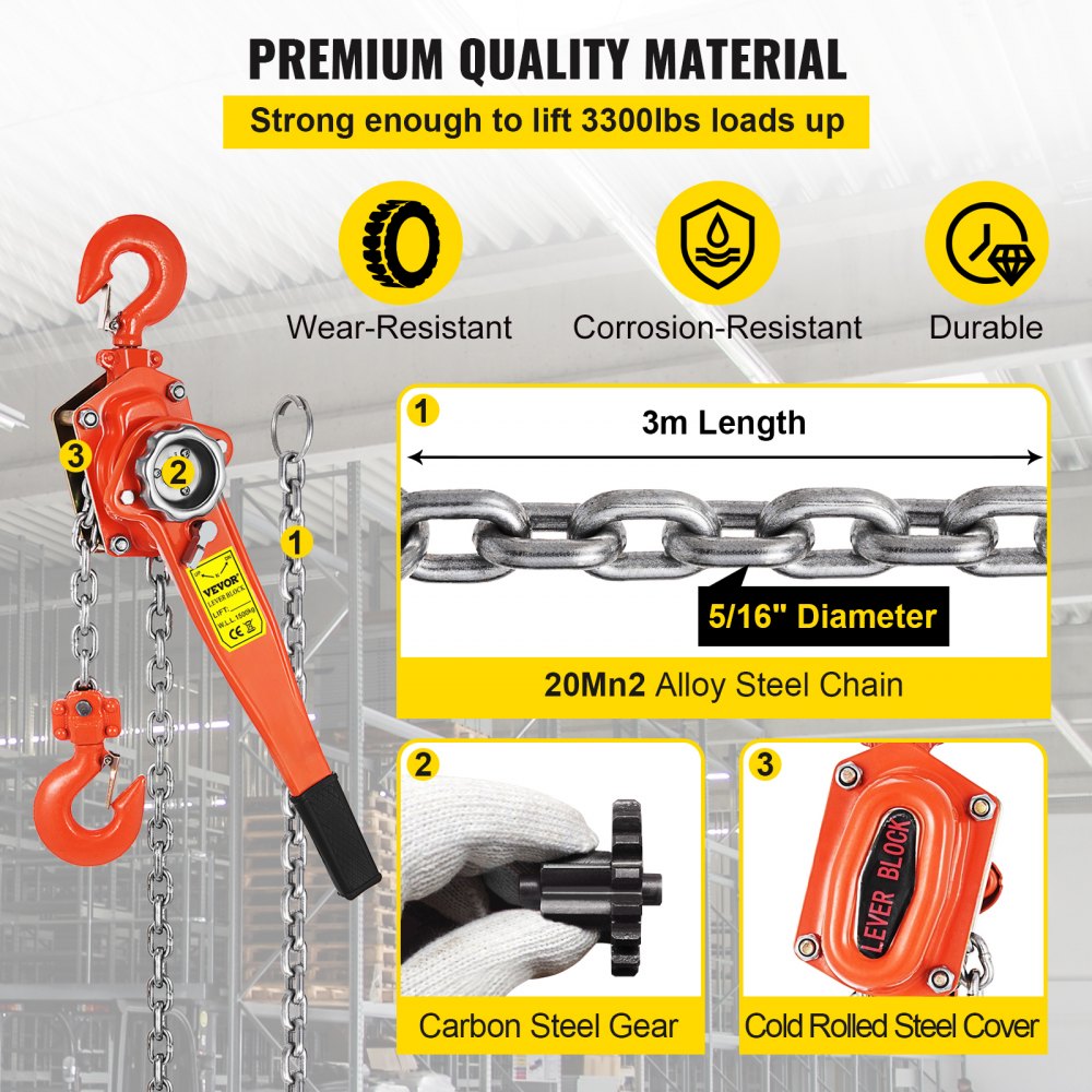 VEVOR 1.5T Chian Hoist Manual Lever Chain Hoist 3M 3300lbs 10ft Ratcheting Lever Block Chain Hoist Come Along Puller Pulley for Warehouse Garages