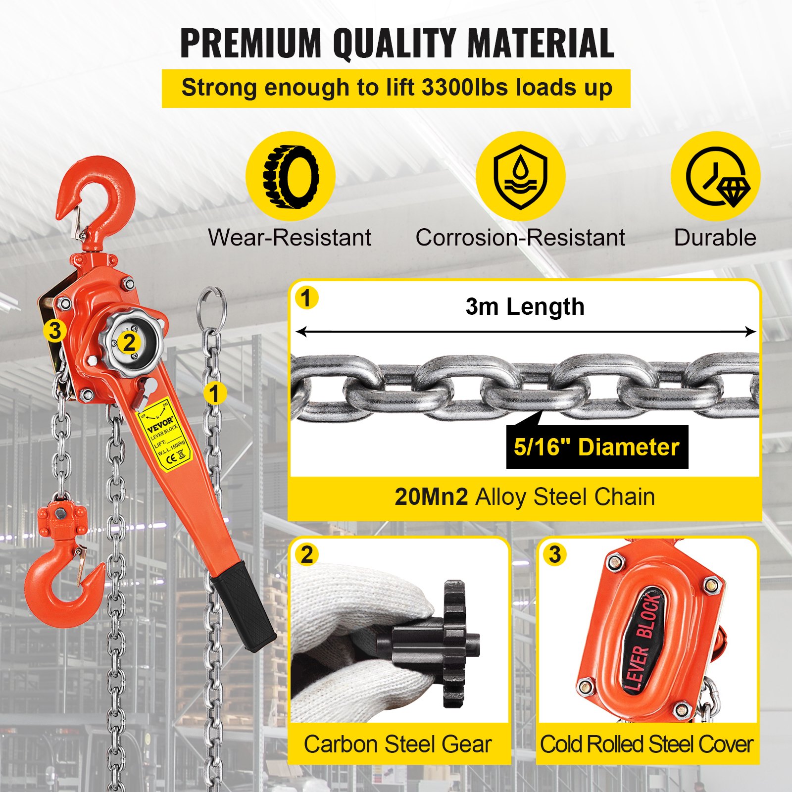 VEVOR 1.5T Chian Hoist Manual Lever Chain Hoist 3M 3300lbs 10ft Ratcheting Lever Block Chain Hoist Come Along Puller Pulley for Warehouse Garages